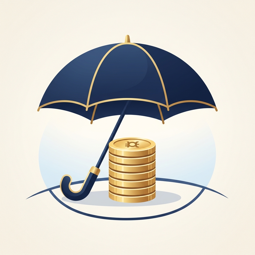 A calm, minimalist illustration of a protective umbrella over a stack of coins representing financial security.