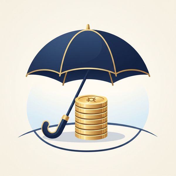 A calm, minimalist illustration of a protective umbrella over a stack of coins representing financial security.