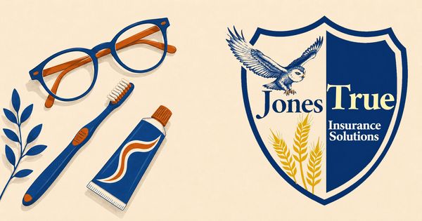 Flat illustration of a toothbrush, a pair of eyeglasses, and a tube of toothpaste in navy and burnt orange on cream.