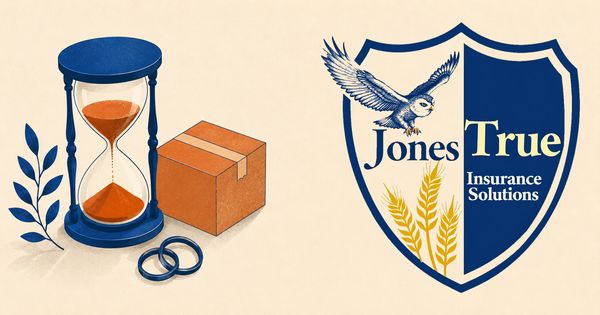 Flat illustration of an hourglass, interlocking rings, and a moving box in navy and burnt orange on cream, suggesting a life change starting a time window.