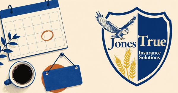 Flat illustration of a desk from above with a wall calendar, a circled date, a cup of coffee, and a small open sign in navy and burnt orange on cream.