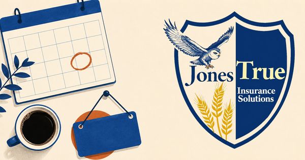 Flat illustration of a desk from above with a wall calendar, a circled date, a cup of coffee, and a small open sign in navy and burnt orange on cream.
