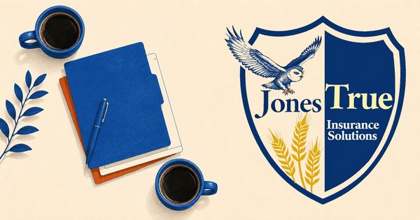 Flat illustration of two coffee cups facing each other with a small stack of folders and a pen between them in navy and burnt orange on cream, suggesting an introduction.